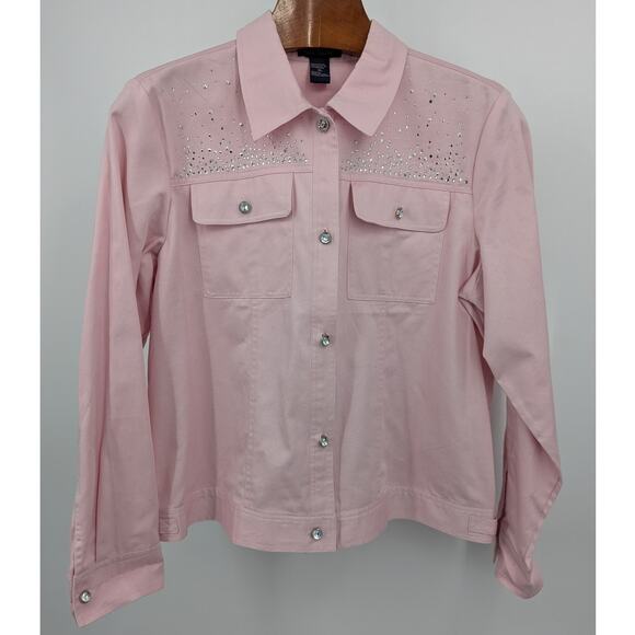 Vintage Pink Rhinestone 100% Denim Jean Jacket Size XL Coastal Cowgirl Western - Picture 1 of 4
